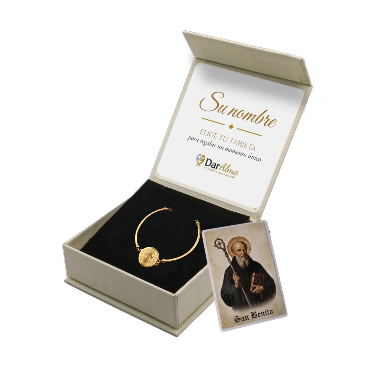 Pulsera Rígida San Benito de Acero · Tarjeta con Oración