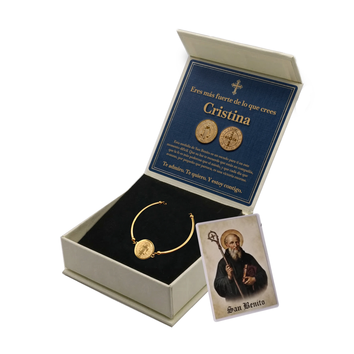 Pulsera Rígida San Benito de Acero · Tarjeta con Oración