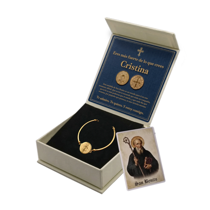 Pulsera Rígida San Benito de Acero · Tarjeta con Oración