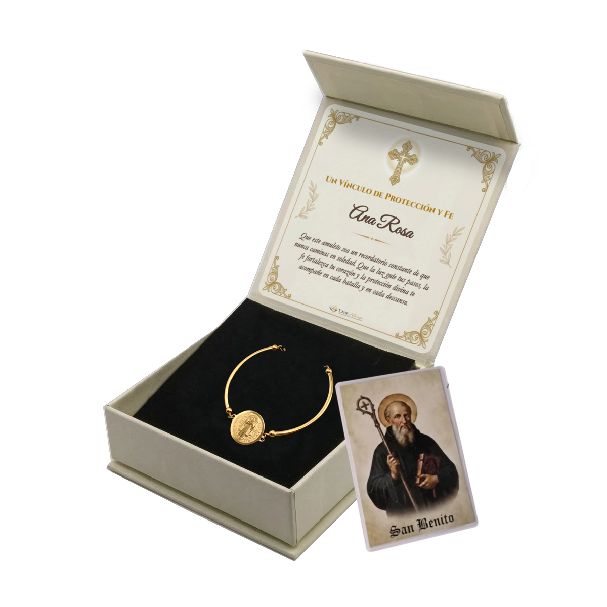 Pulsera Rígida San Benito de Acero · Tarjeta con Oración
