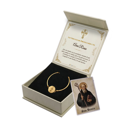 Pulsera Rígida San Benito de Acero · Tarjeta con Oración