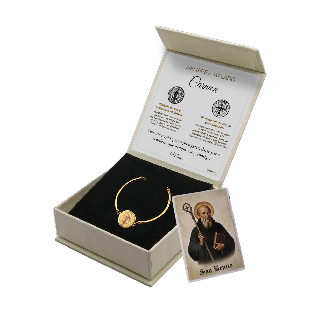 Pulsera Rígida San Benito de Acero · Tarjeta con Oración