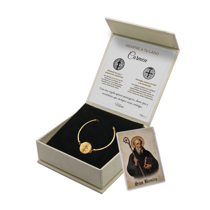 Pulsera Rígida San Benito de Acero · Tarjeta con Oración