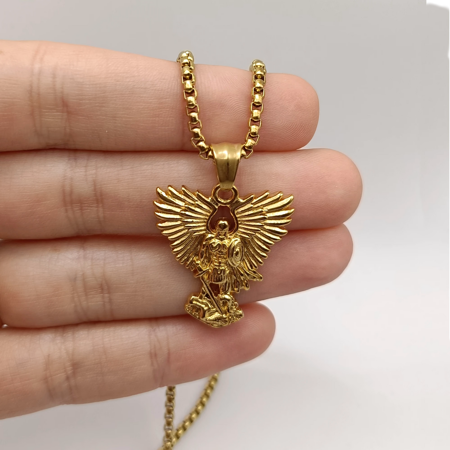 Colgante Arcangel San Miguel en Inox. Ed. "San Miguel" + Tarjeta con Oración