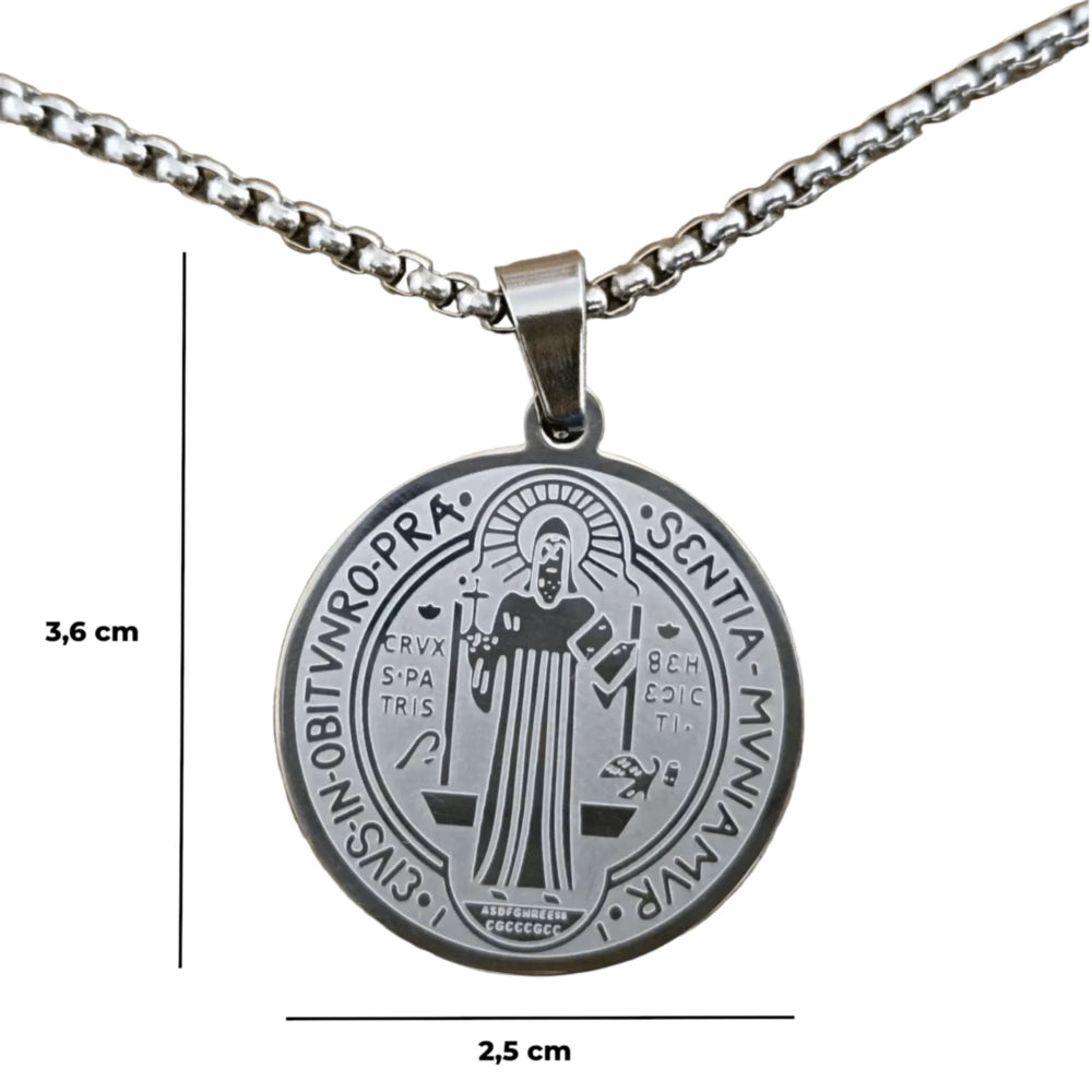 Colgante San Benito en Inox. Ed. "Compañia" + Tarjeta con Oración