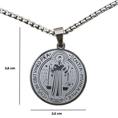 Colgante San Benito en Inox. Ed. "Compañia" + Tarjeta con Oración