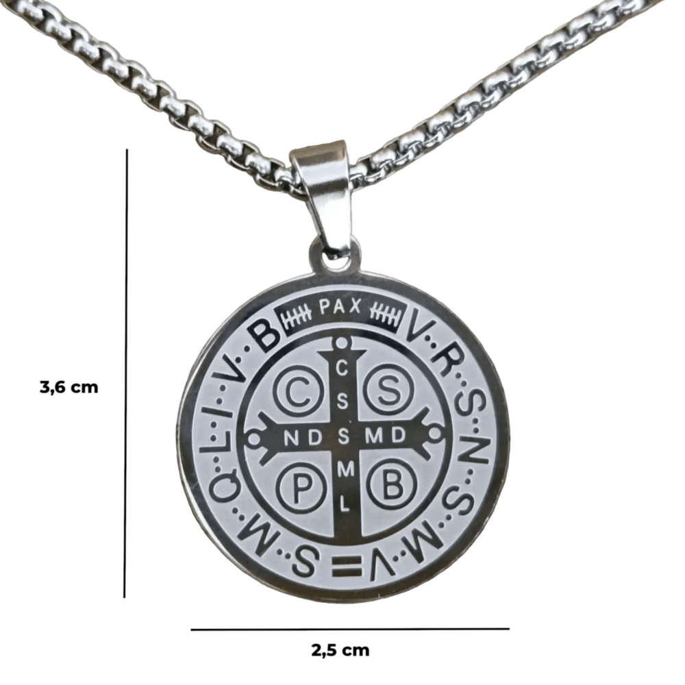 Colgante San Benito en Inox. Ed. "Compañia" + Tarjeta con Oración