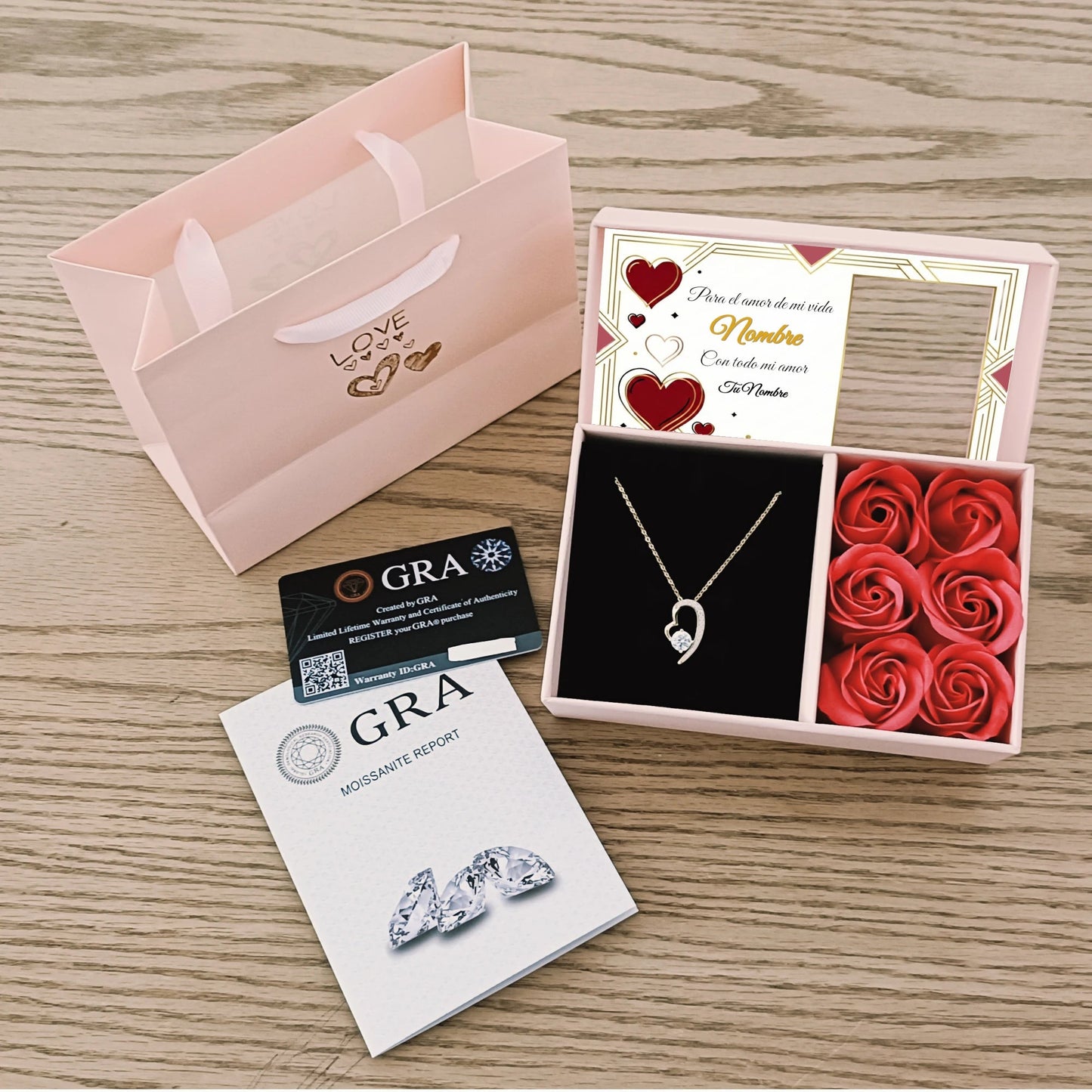 Set Collar Alma Enamorada en Plata de Ley con Moissanita + Rosas Eternas - DarAlma - Regalos Personalizados